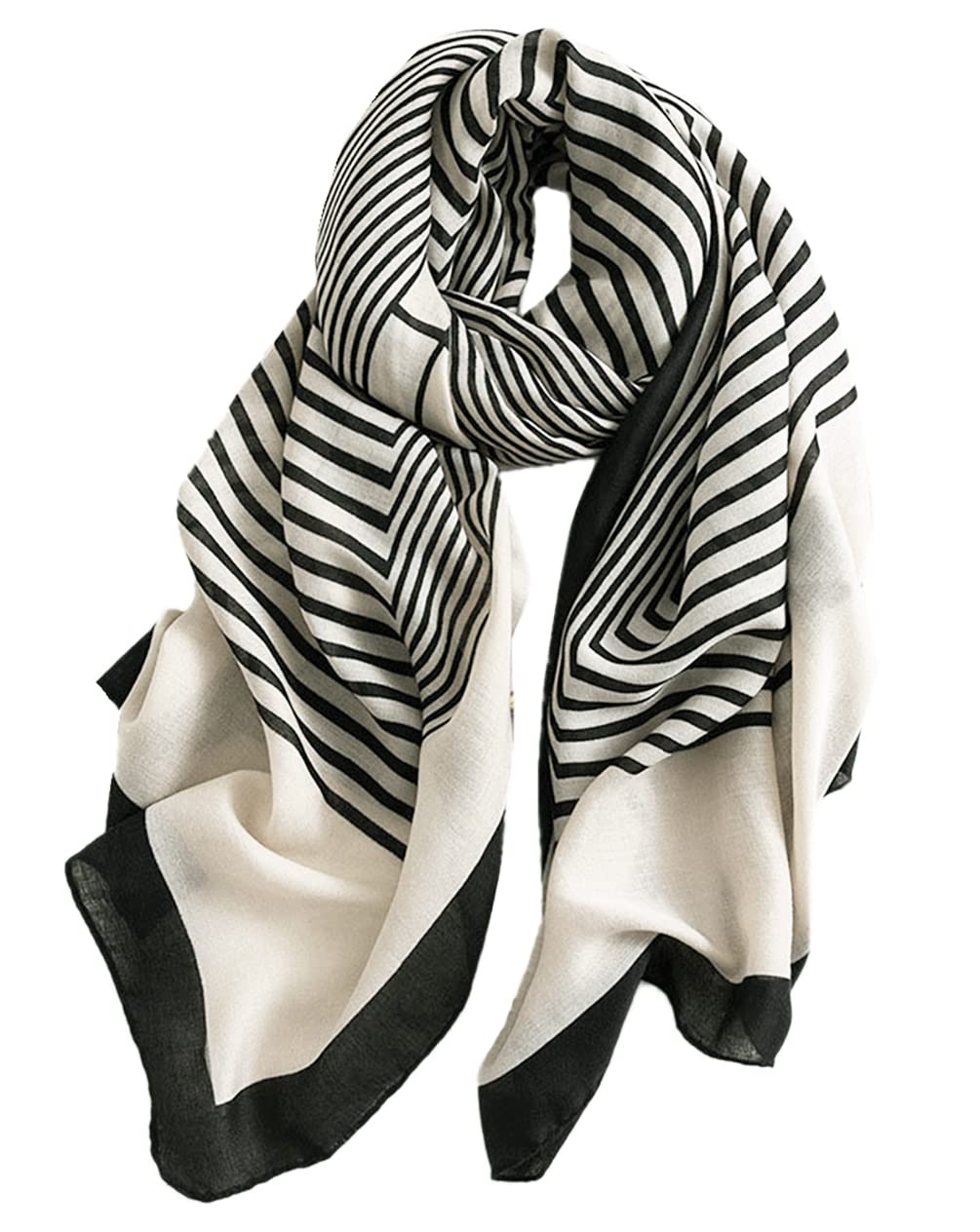 Black-and-light striped oblong scarf with wavy lines and soft fringed edges