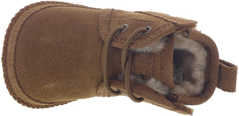 Chestnut suede infant boot with open collar and fuzzy interior lining