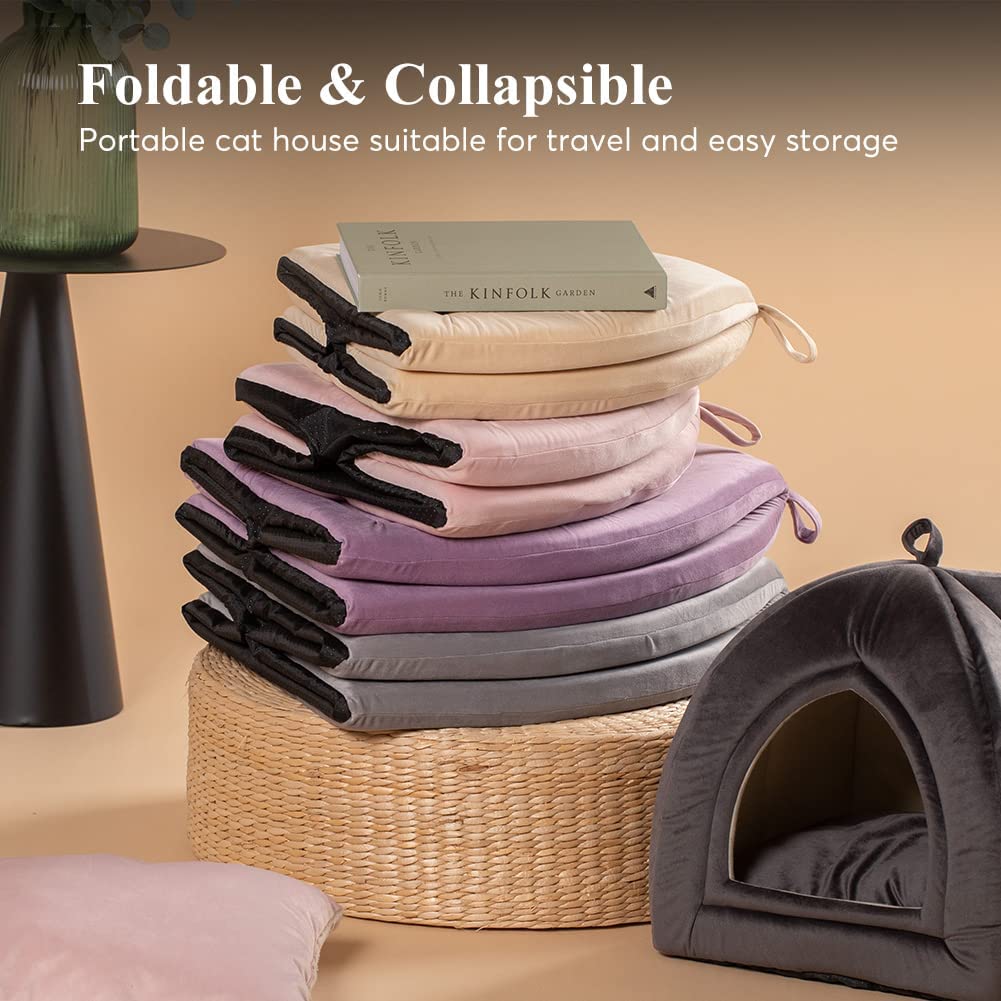 Stacked foldable cat bed cushions in multiple colors, showing arched openings