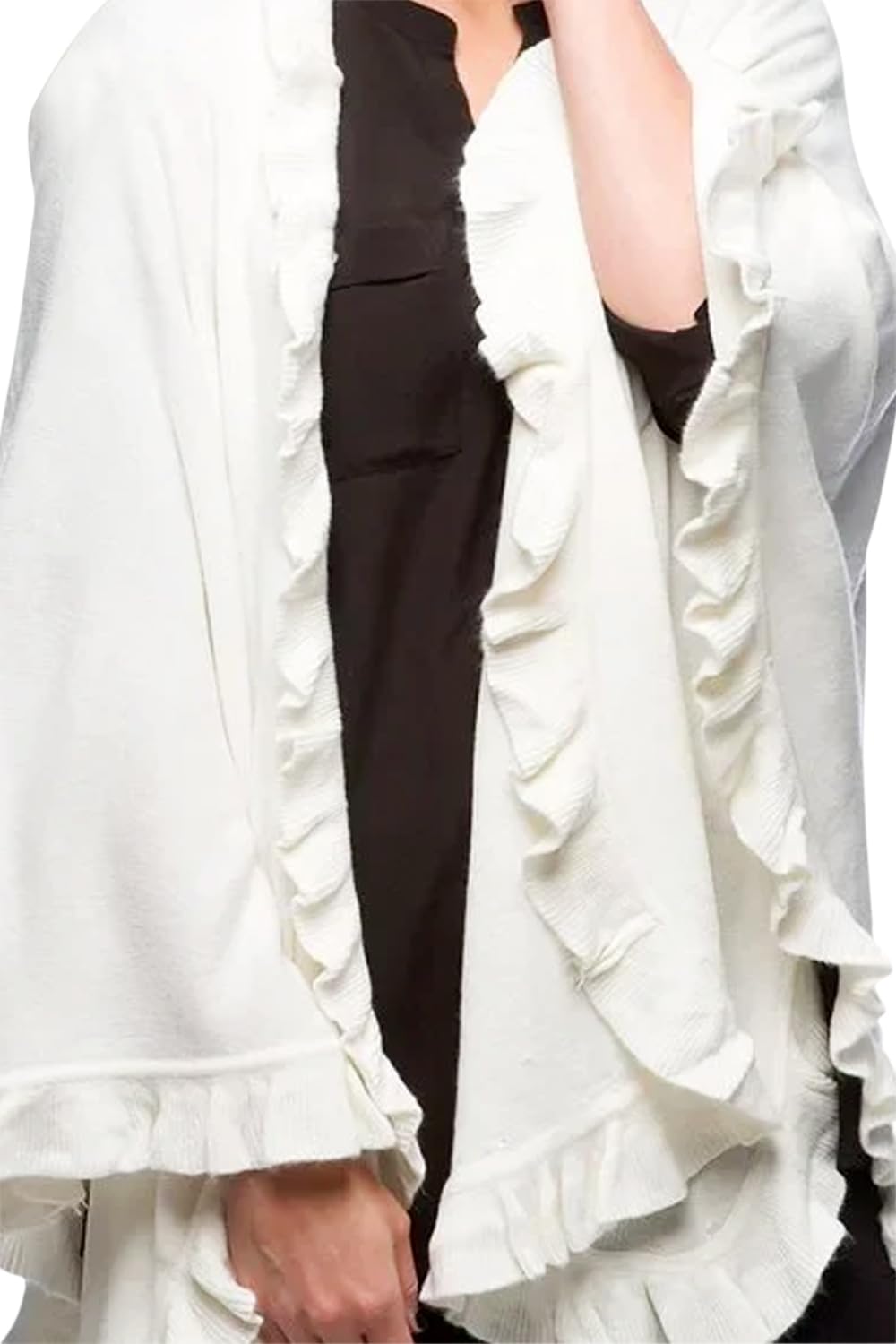 Ivory knit poncho cape with ruffled trim and open-front drape