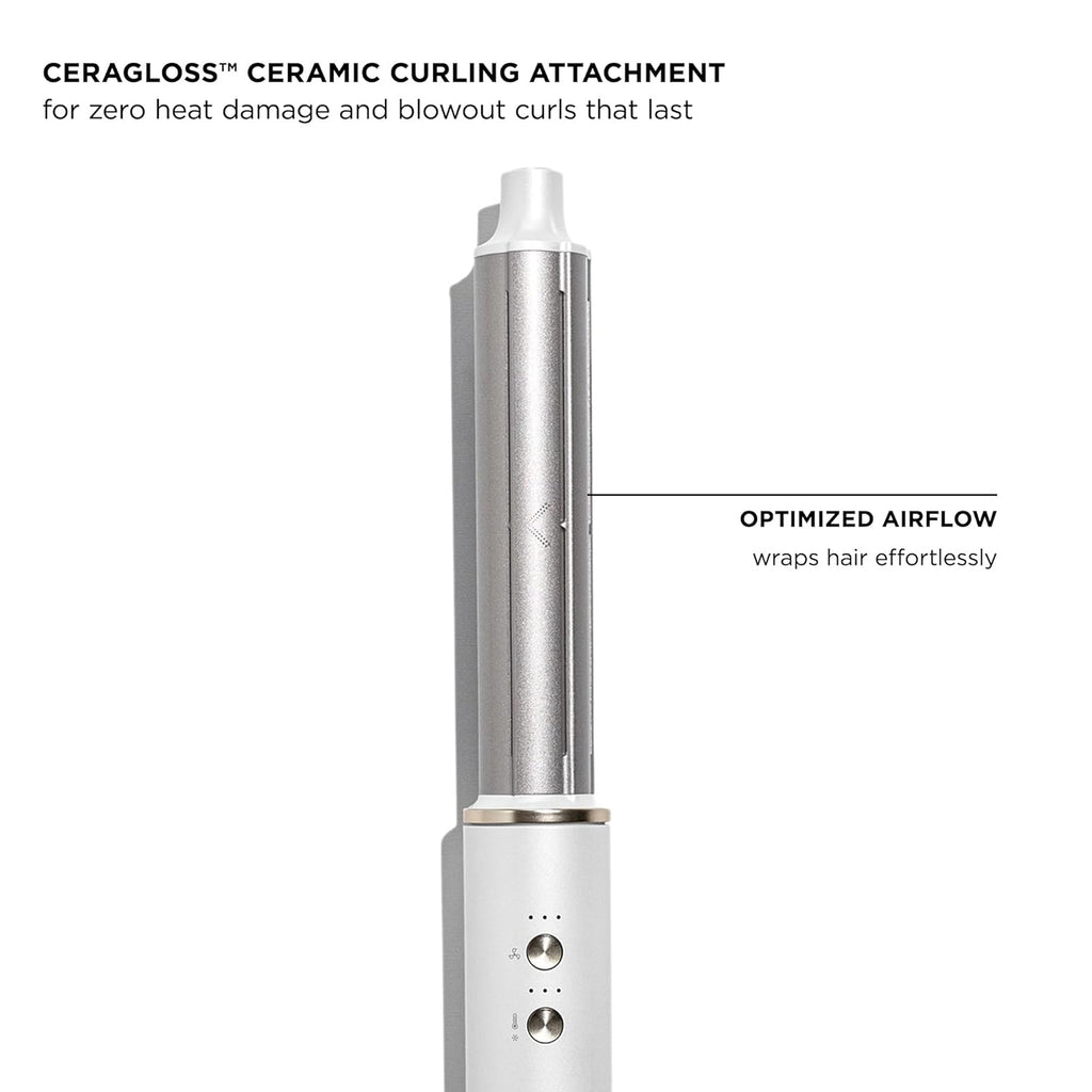 Ceramic curling attachment with optimized airflow wraps on a white-and-silver handle