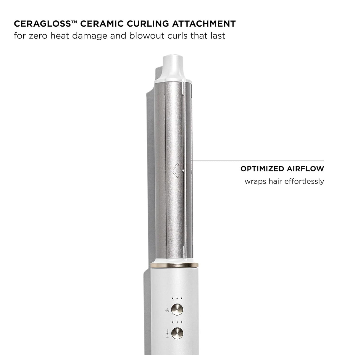 Ceramic curling attachment with optimized airflow wraps on a white-and-silver handle