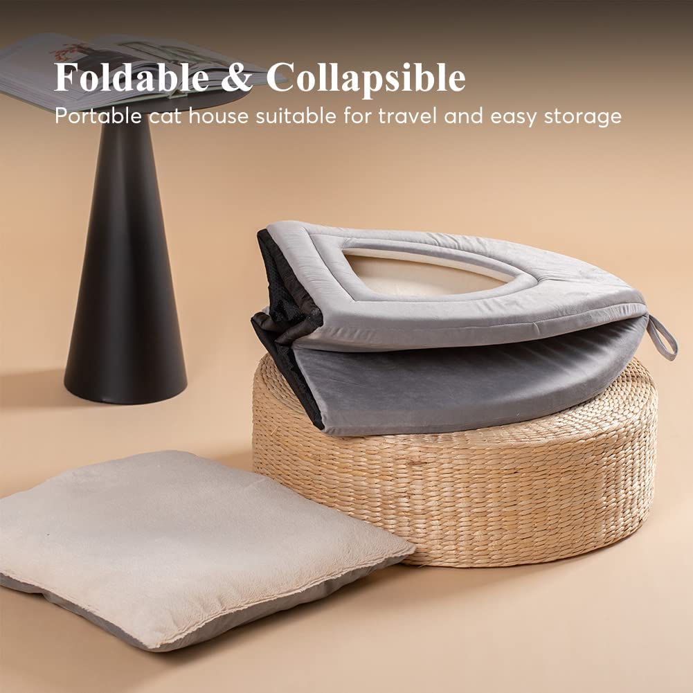 Gray foldable cat bed cushion with arched opening on wicker basket