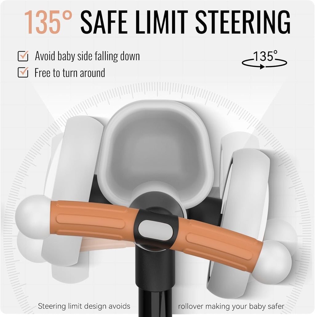 Top view of black balance bike seat area with orange handlebar and white safety wheels