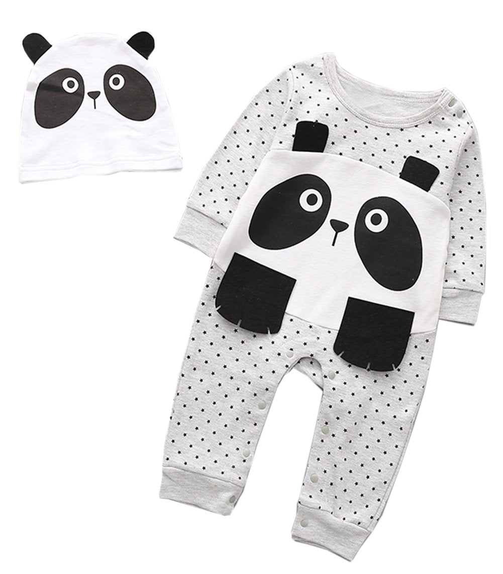 Baby boy panda animal romper outfit set, long sleeves, white base with dotted pattern