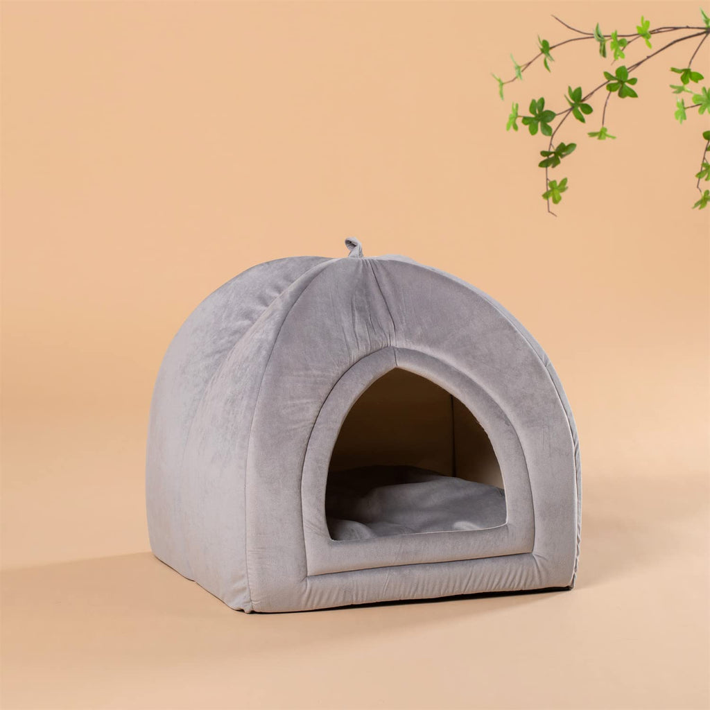 Light gray cave-style soft cat bed cushion with front opening and padded floor