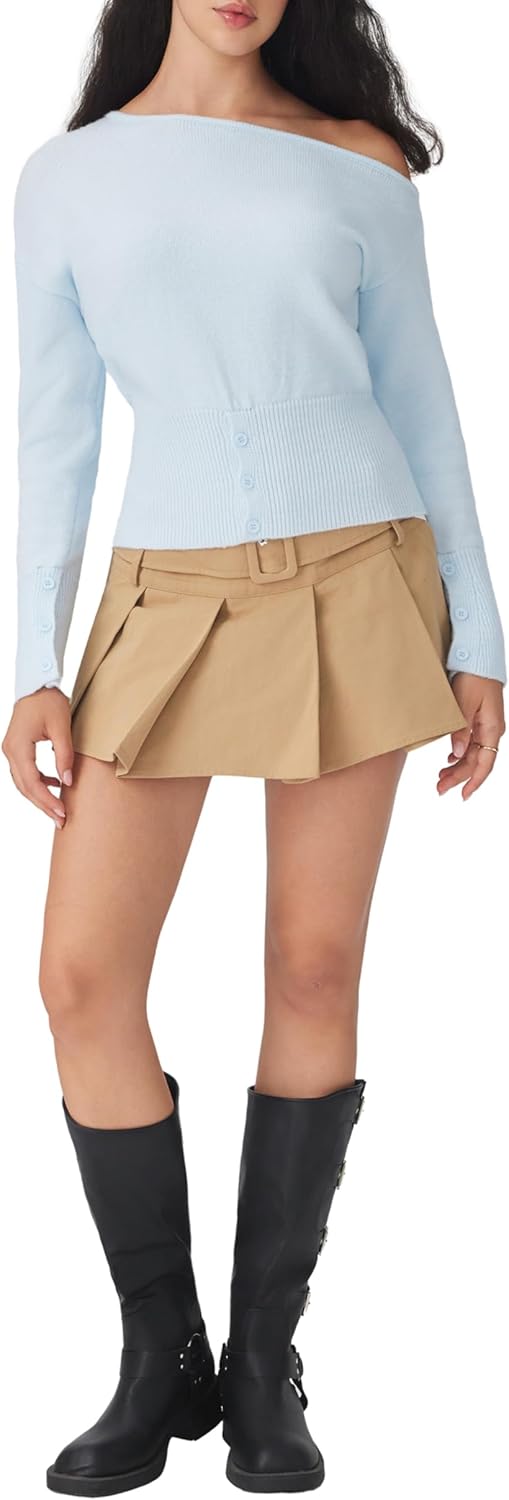 Light blue one-shoulder knit sweater with long sleeves and ribbed button waist