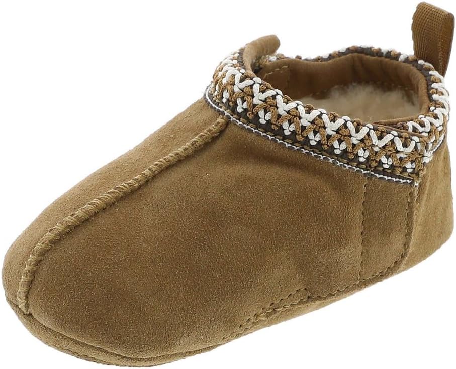 Chestnut baby Tasman beanie slipper with braided knit cuff and stitched suede upper