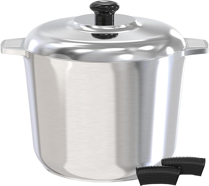 Stainless stock pot with domed lid, side handles, and black silicone grip covers