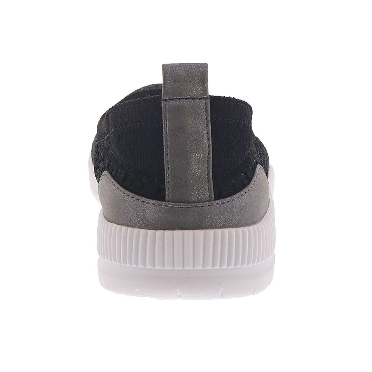 Women's slip-on sneaker back view with black upper, gray heel panel, and white sole