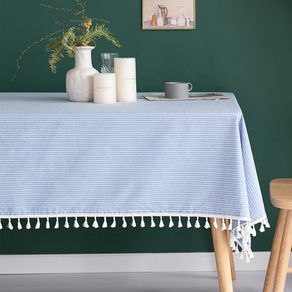 Cotton-blend tablecloth with tassels, pale blue and white stripe pattern for tabletop decor