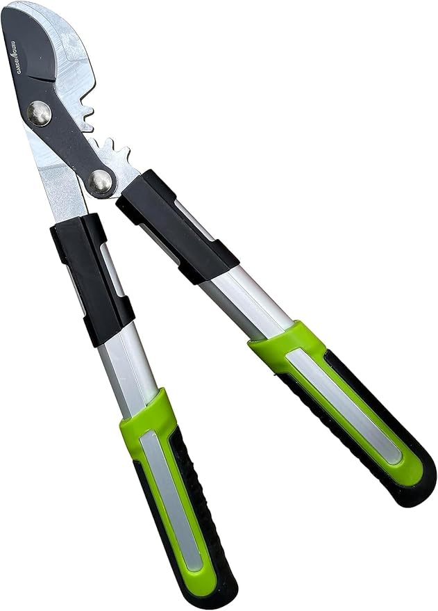 Pruning shears with silver blades and green handle grips
