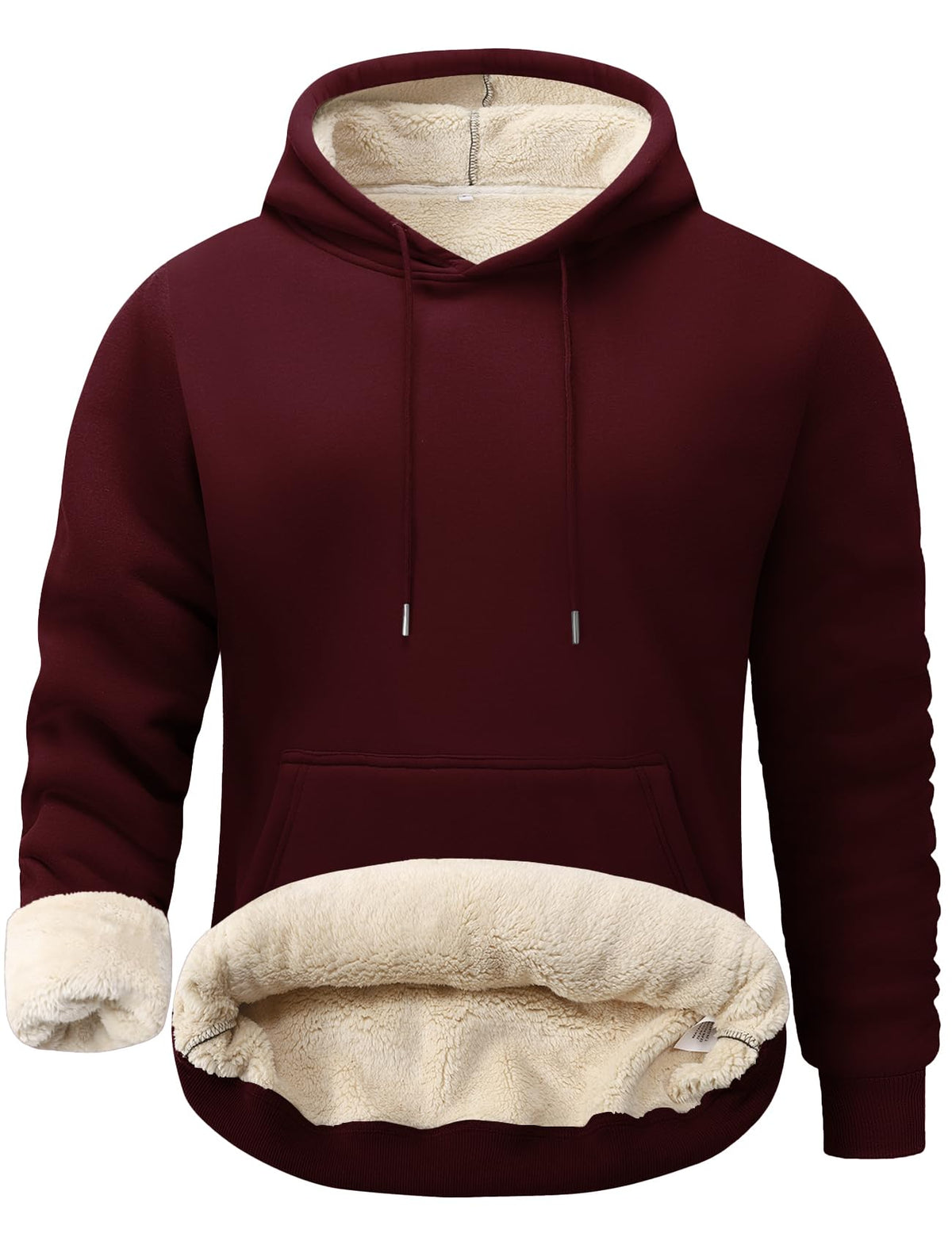 Men's dark red sherpa-lined fleece hoodie with hood drawstrings and kangaroo pocket.
