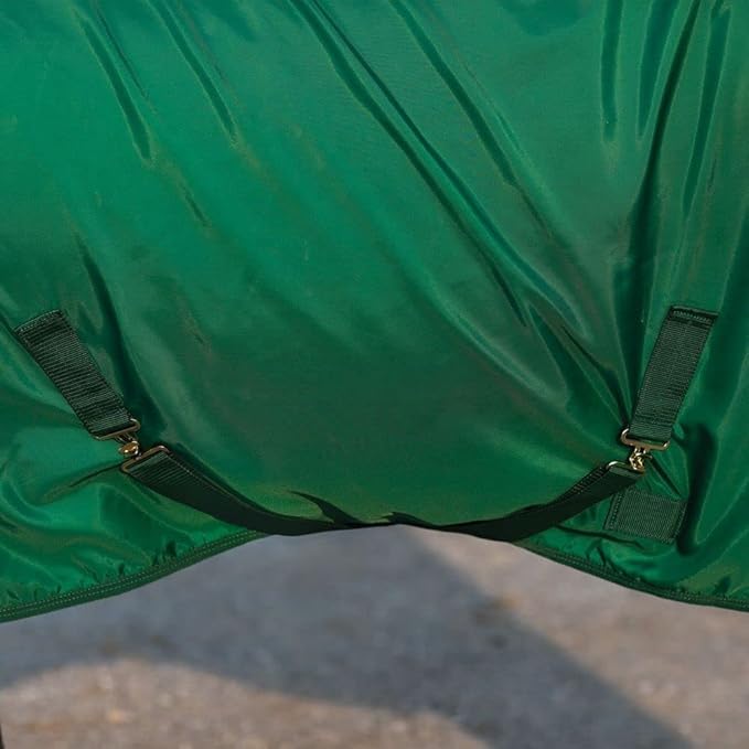 Green horse stable sheet chest strap with metal buckles and webbing tabs