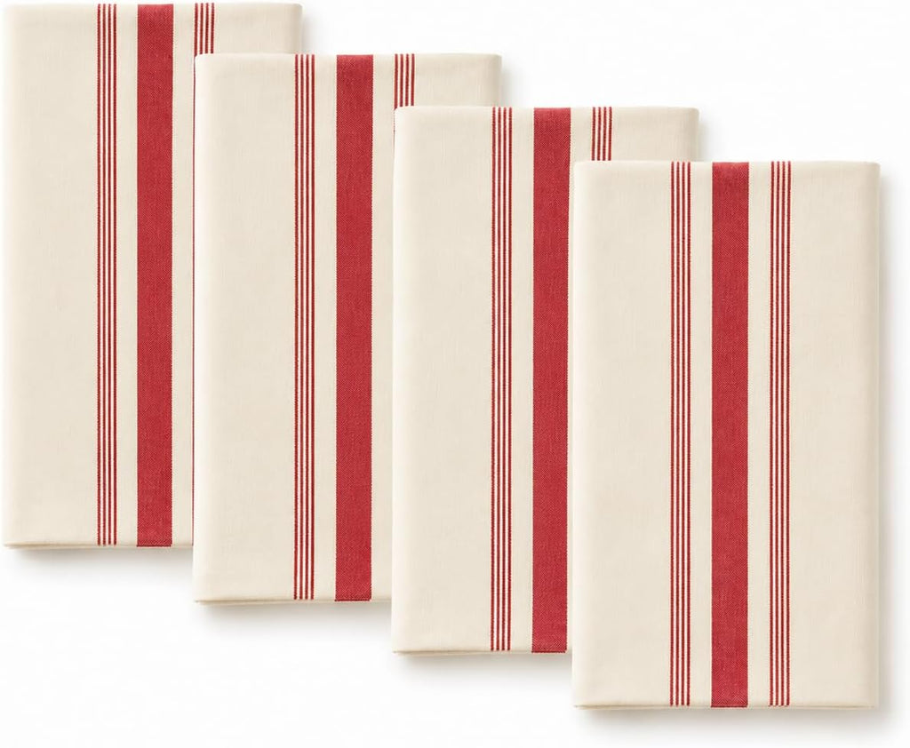 Beige cotton cloth napkins (set of 4) with red striped design, 20x20 in