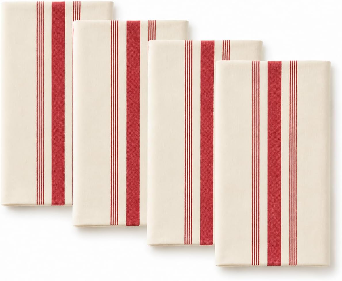 Beige cotton cloth napkins (set of 4) with red striped design, 20x20 in