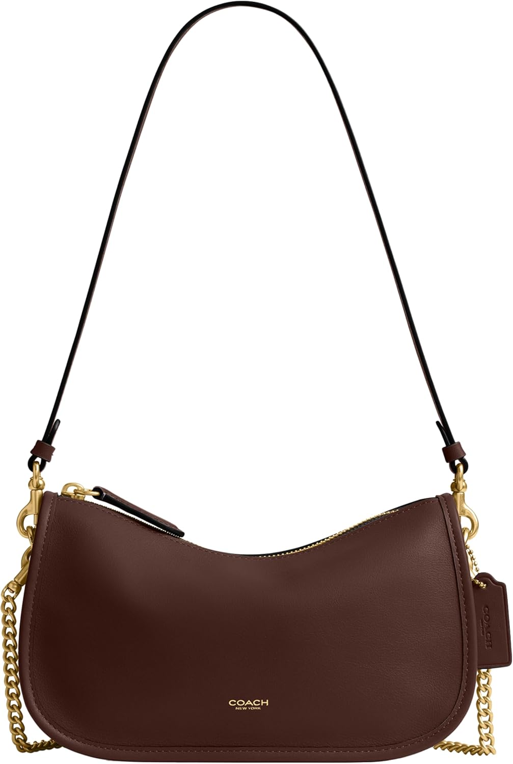 Burgundy brown leather hobo bag with chain strap and front COACH logo stamp.