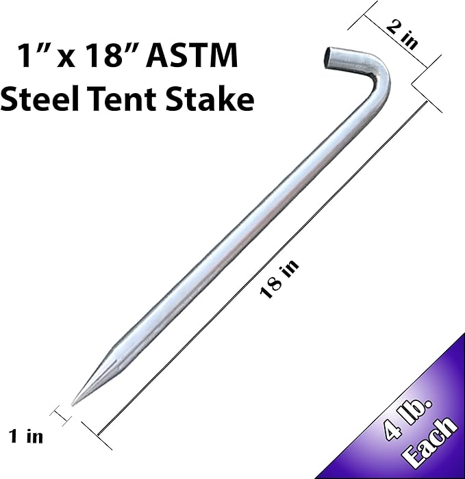 Steel tent stake with hooked end and pointed tip, shown with 1 in diameter and 18 in length.