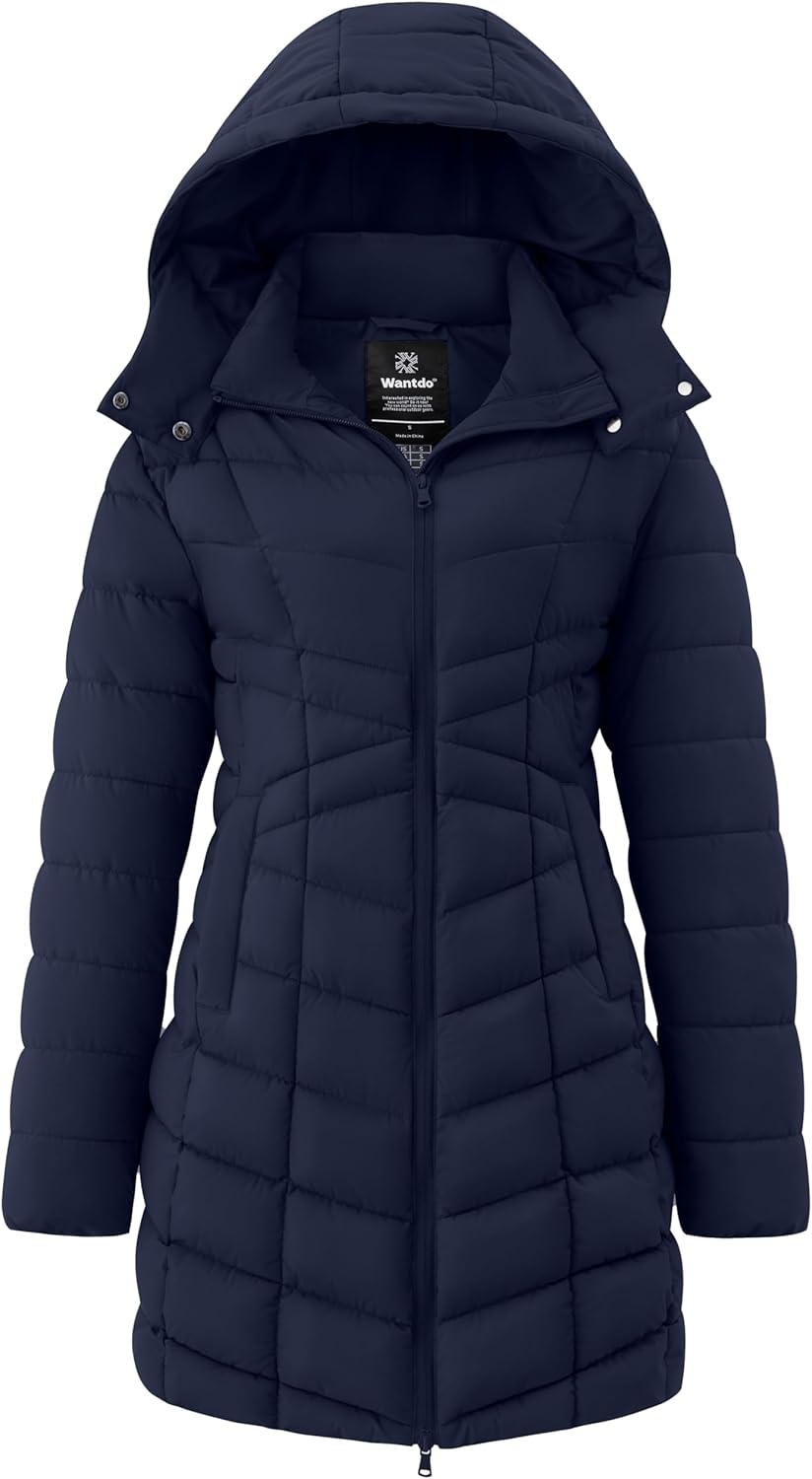Women's long quilted puffer jacket, navy blue, hooded with full-zip front