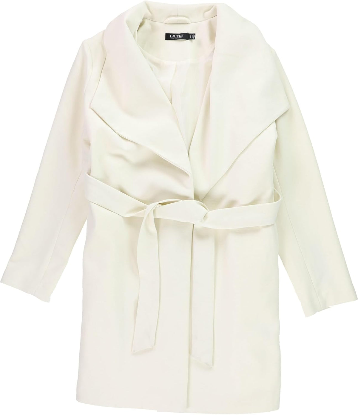 Women’s cream belted crepe jacket with V-neck, long sleeves, and waist tie