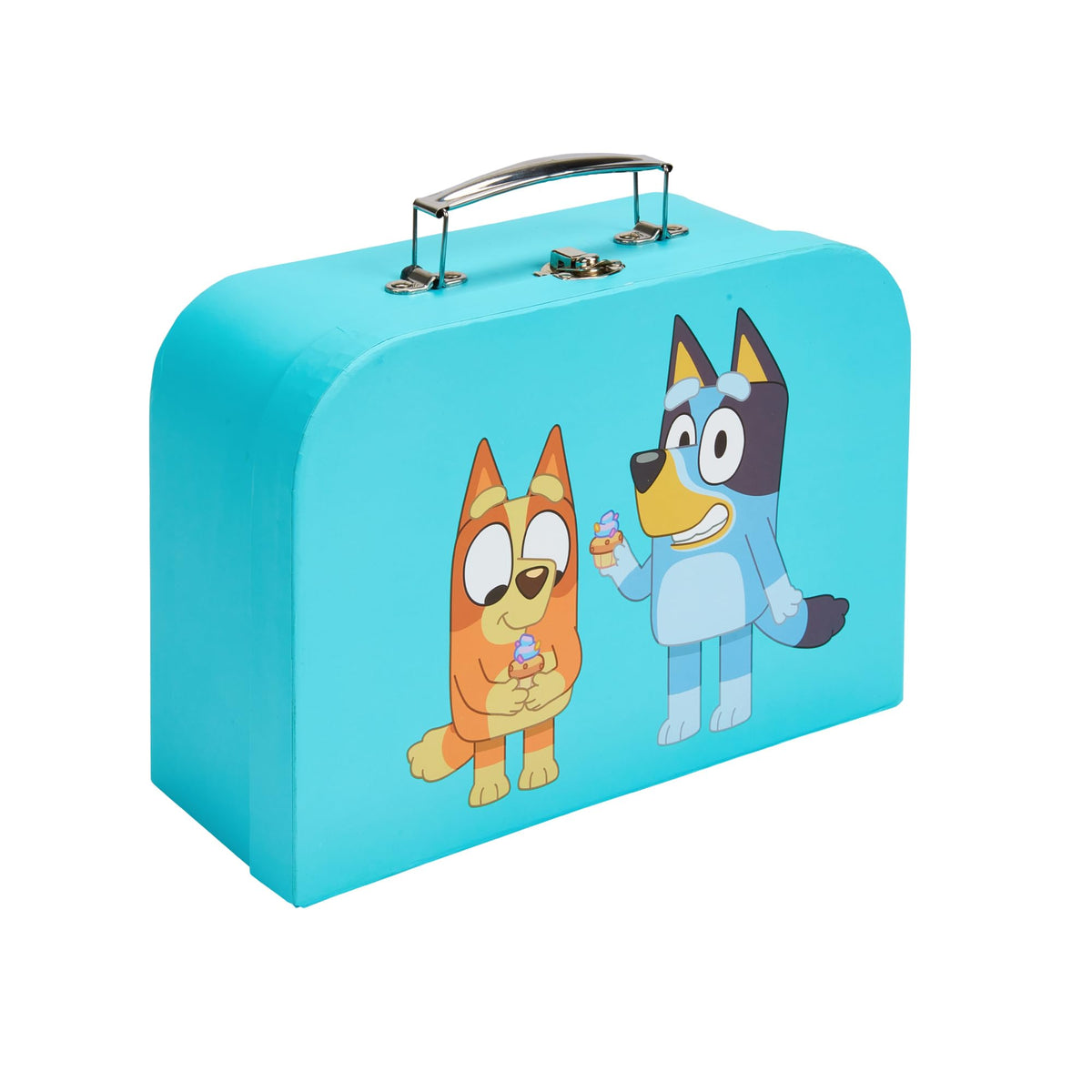 Bluey-themed turquoise wooden picnic carry case with character graphic and metal handle