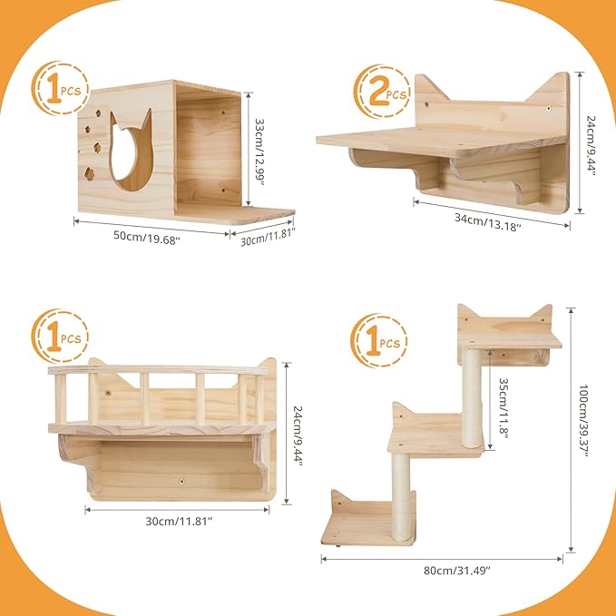Diagram of a light wood wall-mounted cat shelf system with multiple levels