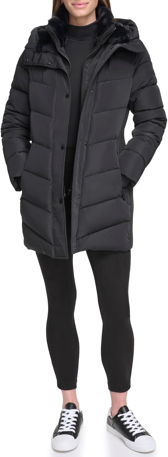 Long bib-front puffer jacket with hood, zip-up front, quilted dark fabric