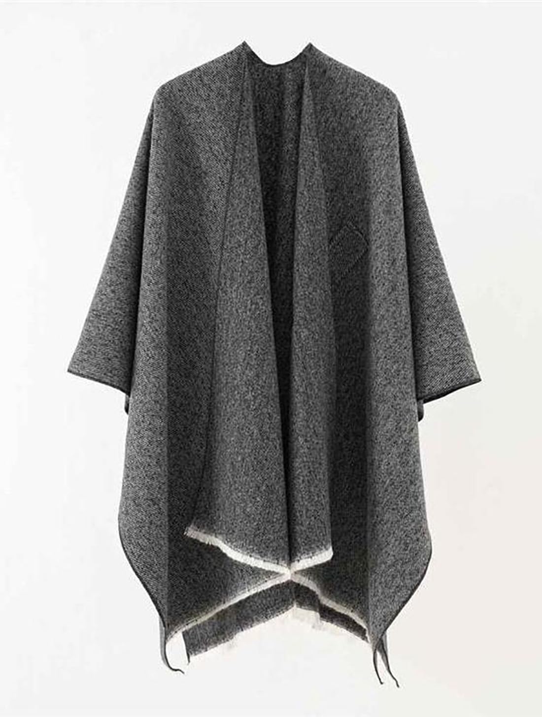 Women’s dark grey knit fringe poncho shawl, open front drape with scalloped uneven hem edges.