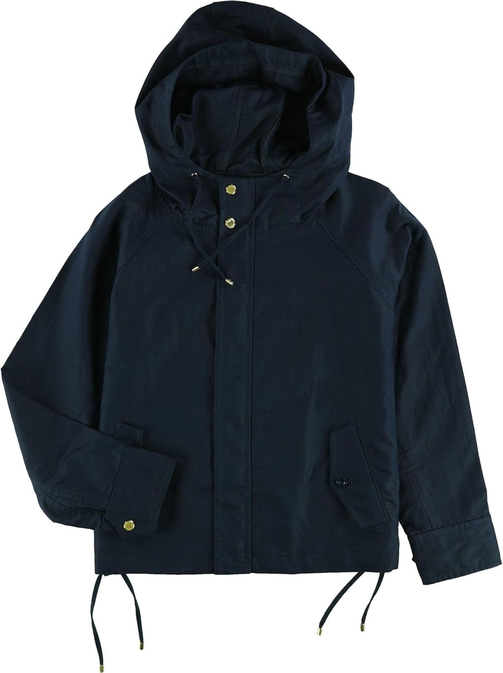 Dark blue hooded canvas jacket with full zipper, flap pockets, and drawstring hood