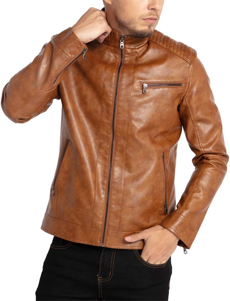 Men's brown stand-collar leather motorcycle jacket with zip front and shoulder strap detail