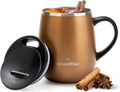 Insulated coffee mug in cognac metallic with black sliding lid and side handle