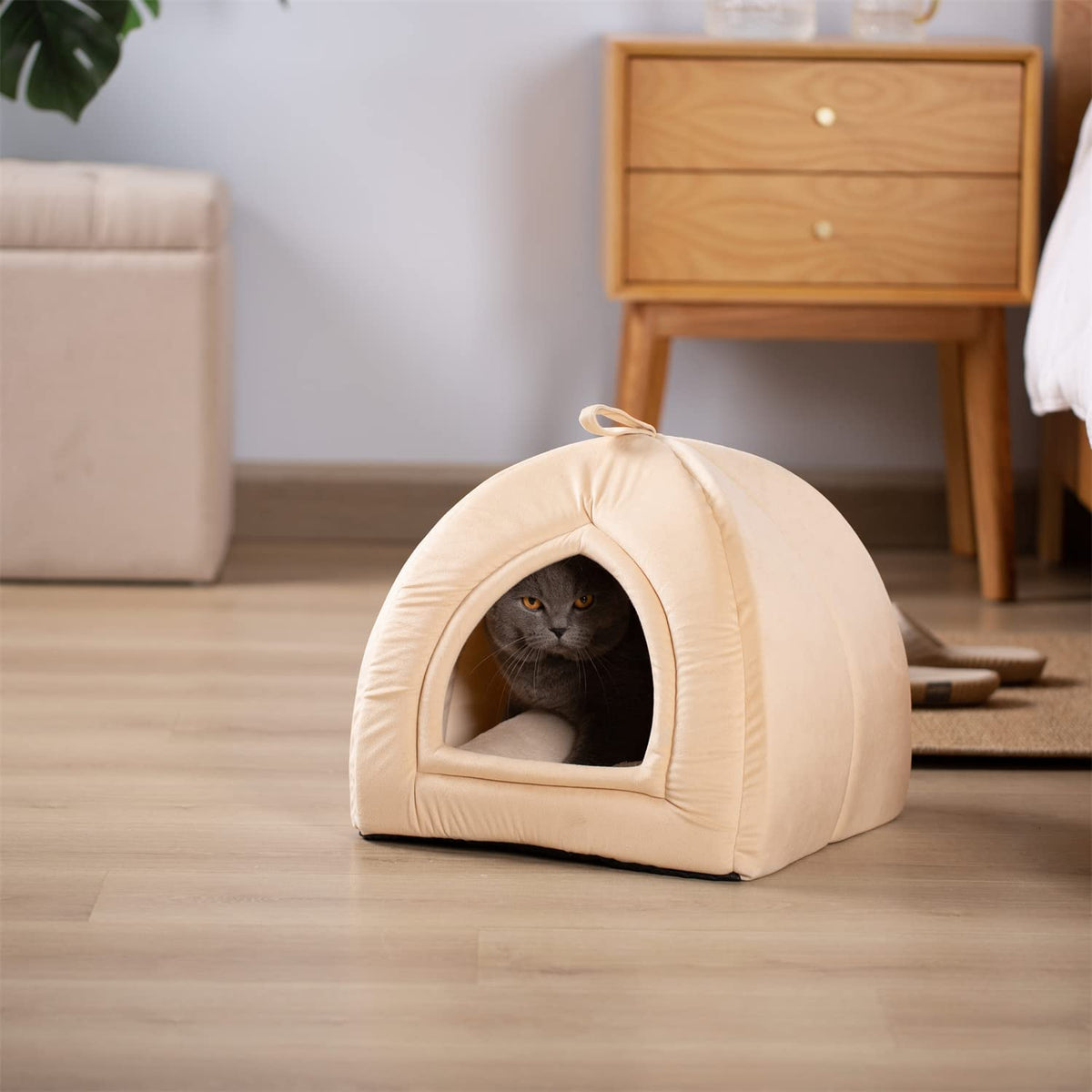 Kasentex soft cat bed cushion in beige, cozy igloo tunnel with stitched arched entrance
