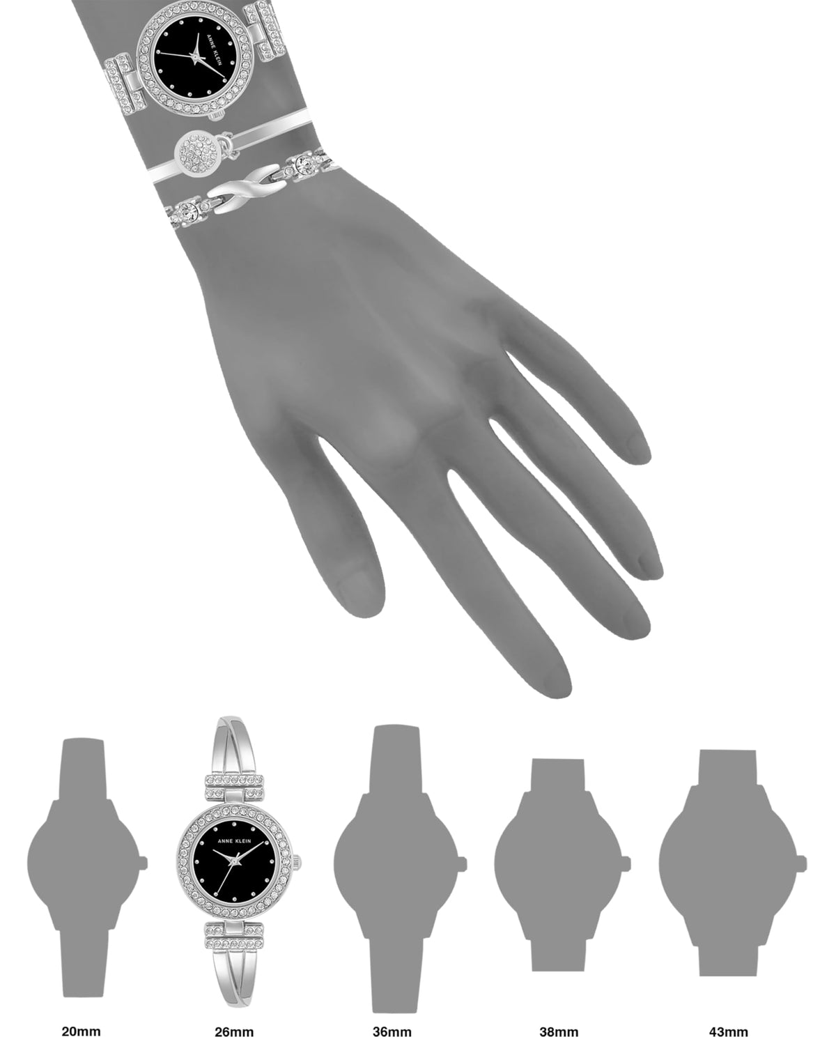Women’s crystal bangle watch set on a hand, with size guide shown.