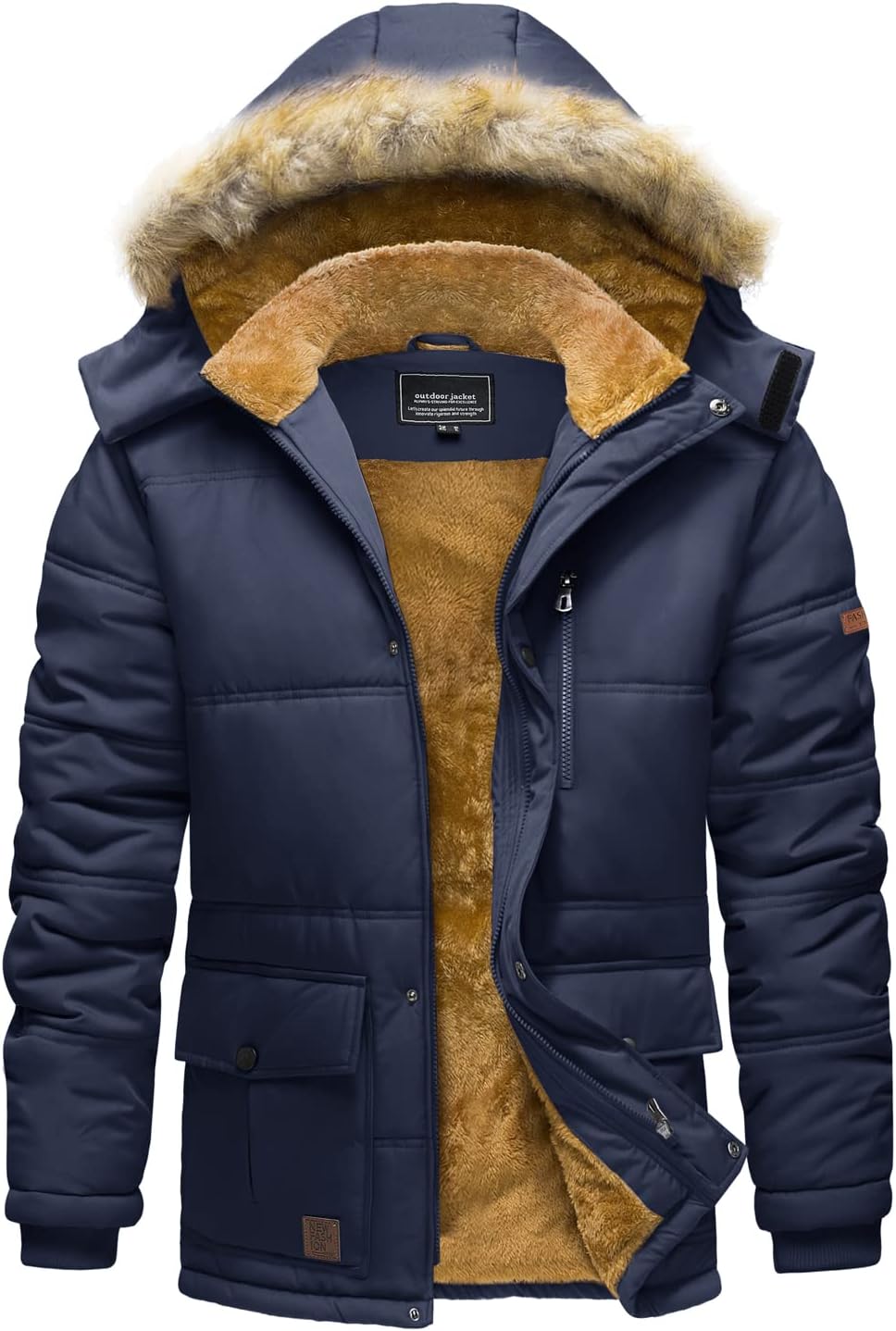 Men's winter parka jacket with faux-fur hood lining, front zipper, quilted insulation, dark navy.