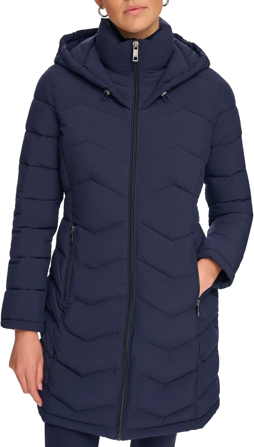 Dark navy long quilted bib-front jacket with hood and full zip, side pockets