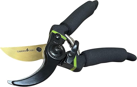 Curved pruning shears with black handles and green accents