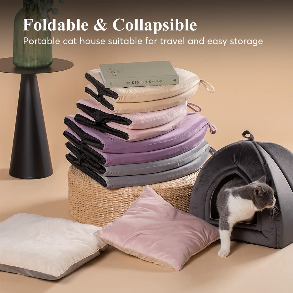Kasentex foldable cat bed set with stacked cushions in purple and grey, dome tunnel design