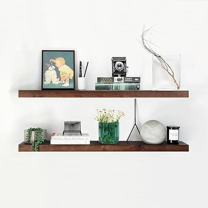 Dark brown floating shelves set of 2, wall-mounted planks with hidden brackets