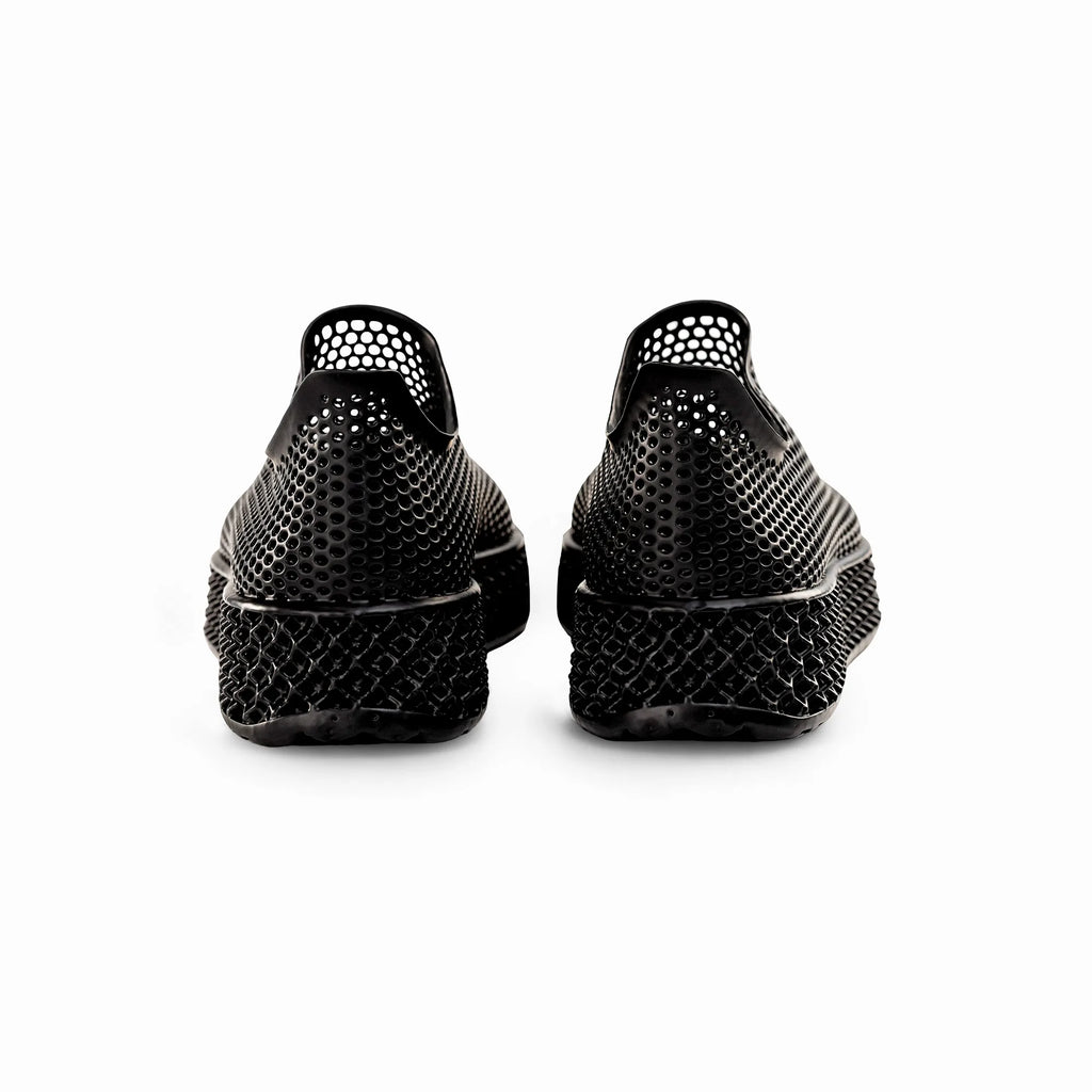 Black 3D-printed casual sneakers, back view showing heel and textured sole