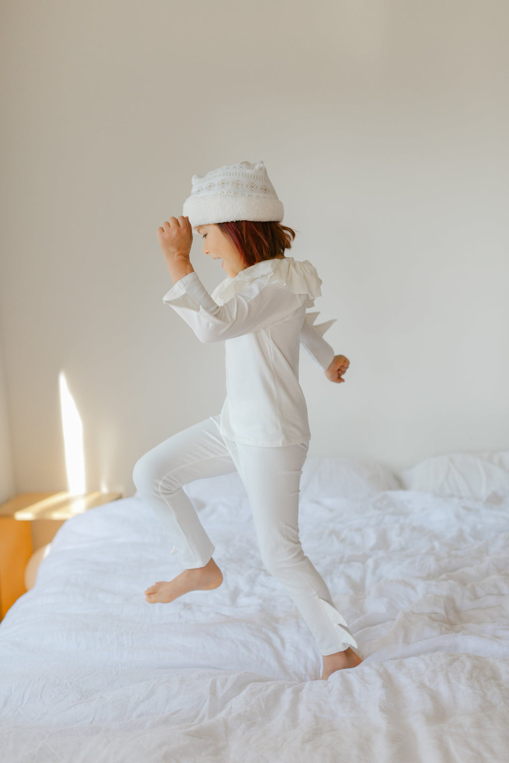 White elf costume set for kids with hooded hat and long-sleeve ruffled tunic