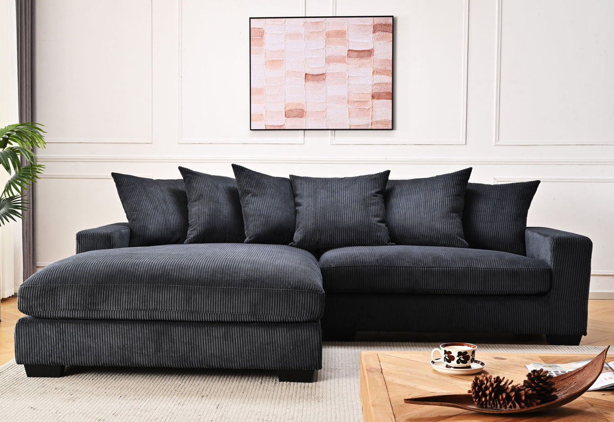 Oversized sectional sofa with chaise, dark gray fabric and deep seat cushions