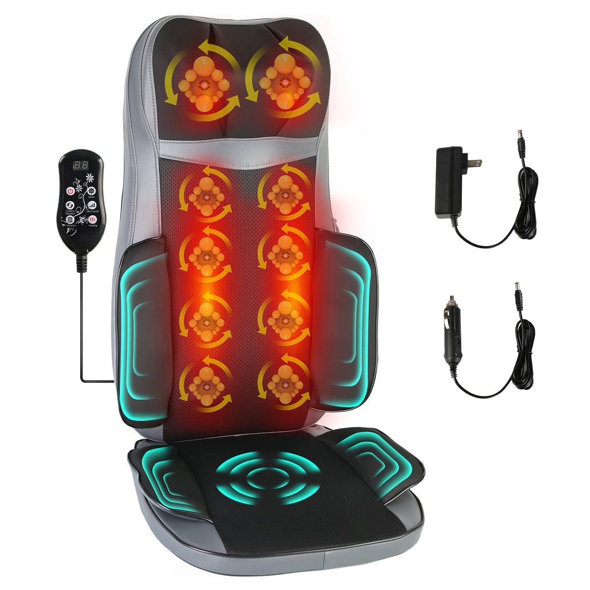 Heated shiatsu massage chair pad with glowing kneading nodes and handheld remote