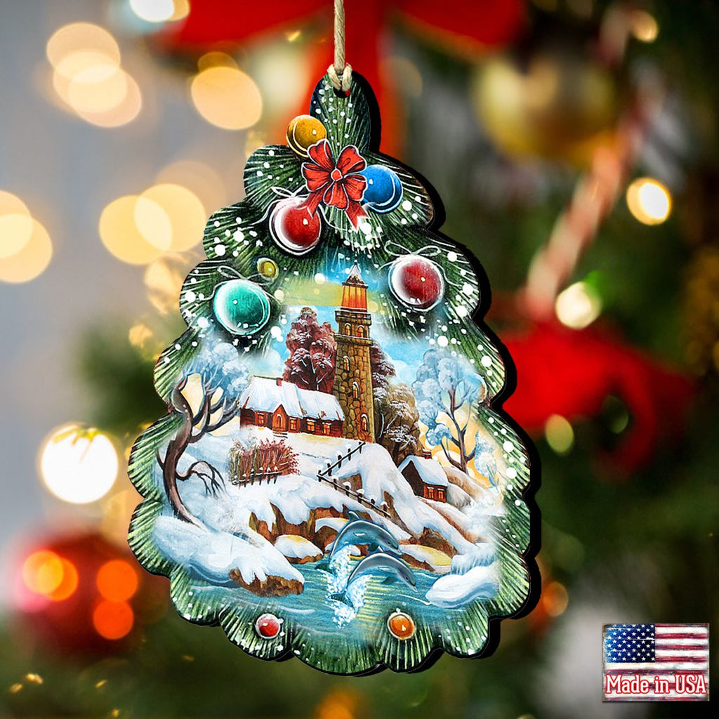 Wooden tree Christmas ornament with lighthouse scene, red flower topper, and glossy globe accents