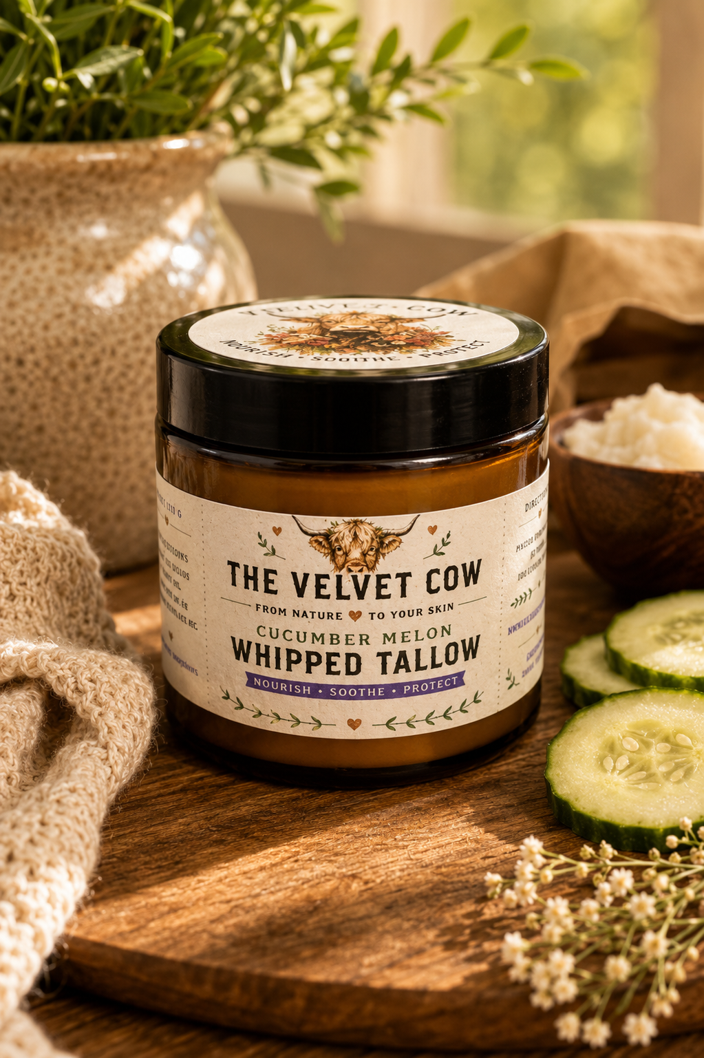 Whipped tallow body butter jar with black lid and creamy top on wood