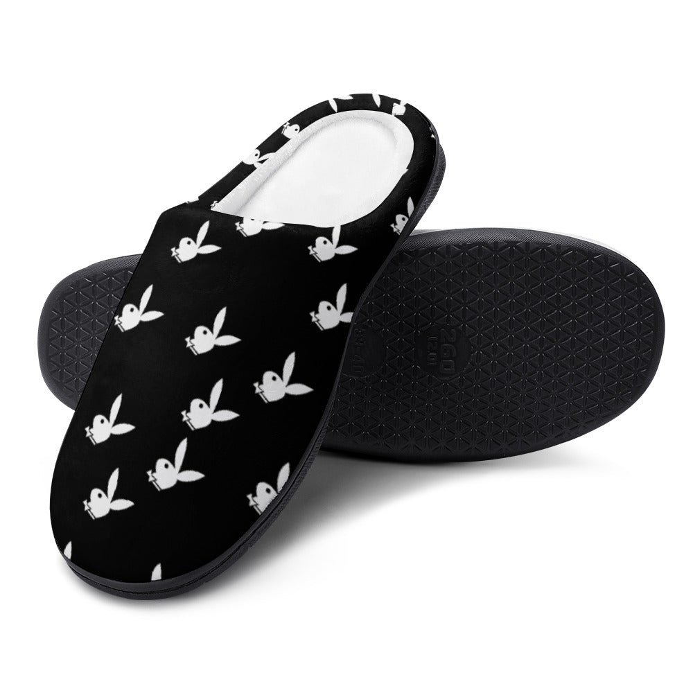 Black cotton slippers with white bunny pattern and textured rubber sole base