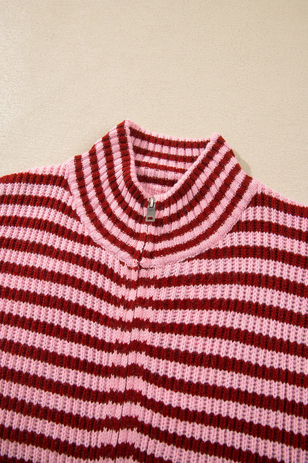 Striped knit mock neck cardigan with zip placket detail