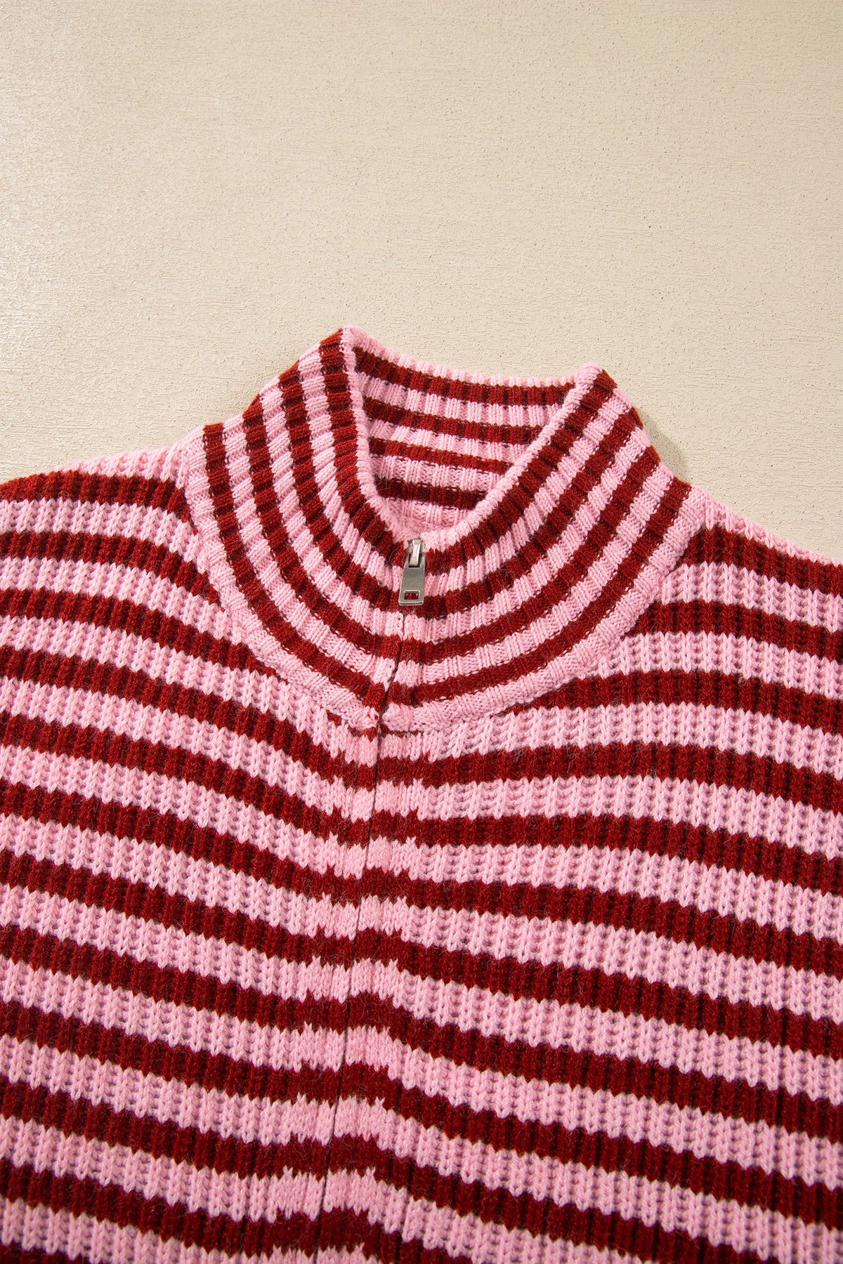 Striped knit mock neck cardigan with zip placket detail