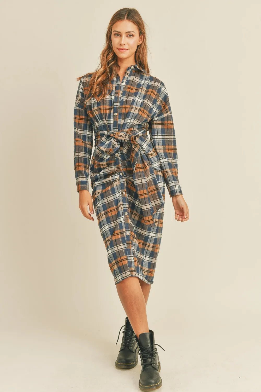 Plaid flannel shirt dress with button front and waist tie belt, straight midi hem