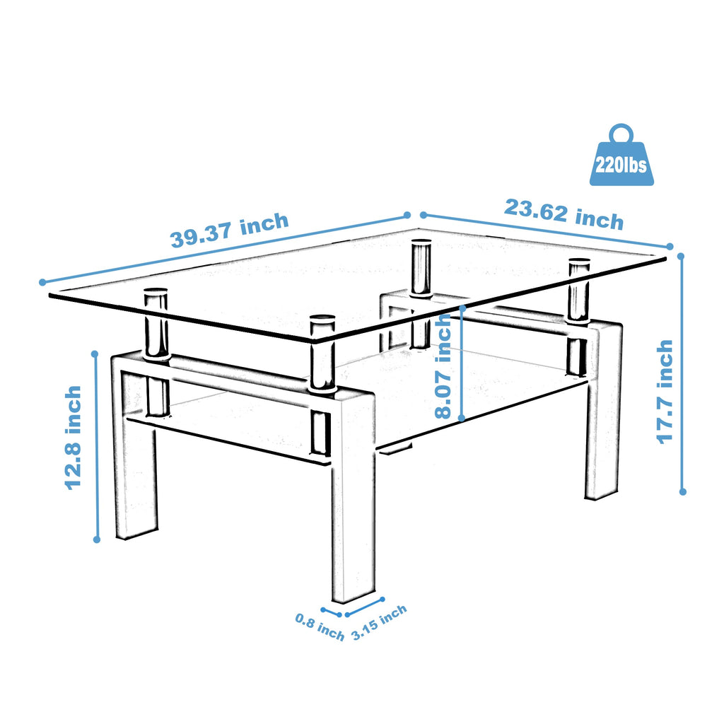 Rectangular clear glass coffee table dimension diagram with walnut frame and two levels