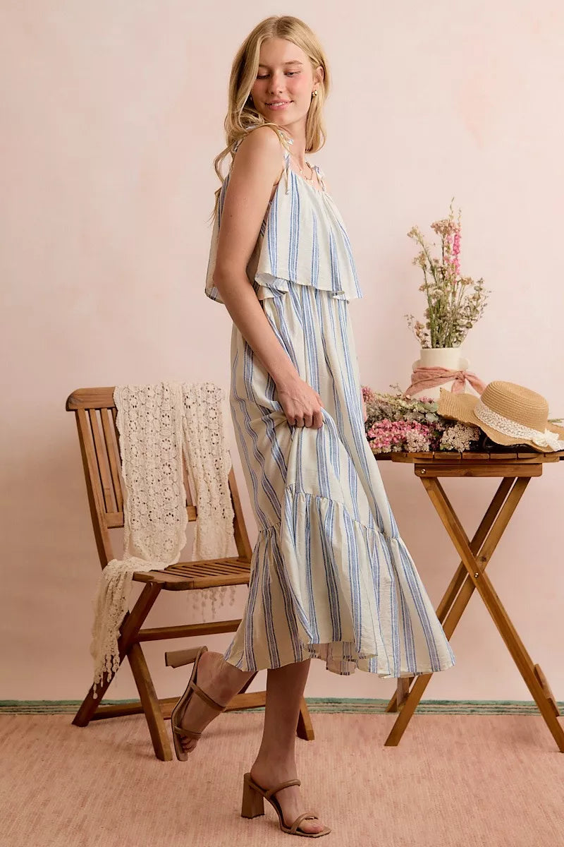 Blue and white striped tiered midi dress with ruffled top layer and tiered skirt
